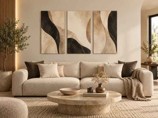 Triptyque Abstrait Sable & Noir - DECO HOUSE