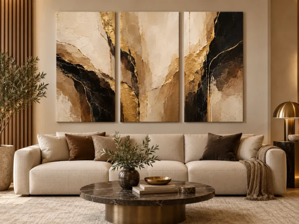 Triptyque Abstrait Marbre Doré - DECO HOUSE