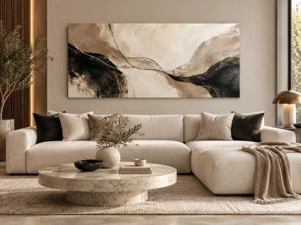 Tableau Abstrait Ondes Noir & Beige - DECO HOUSE