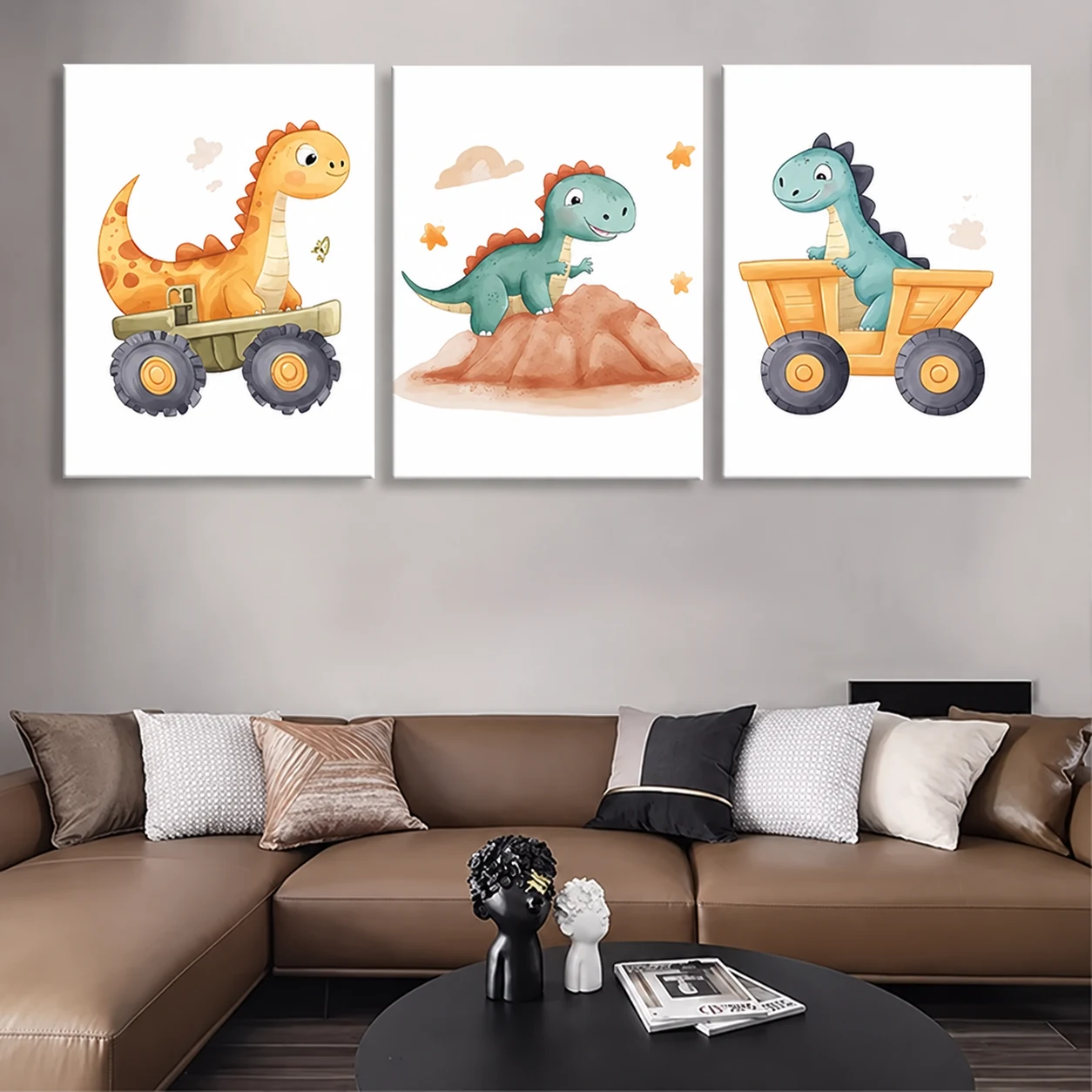 Triptyque Animaux Dinosaures Engins - Tablouk Maroc