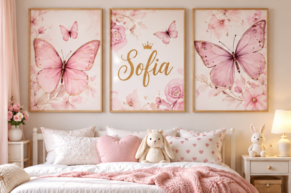 Vue de face Triptyque Prénom Sofia Papillon Rose