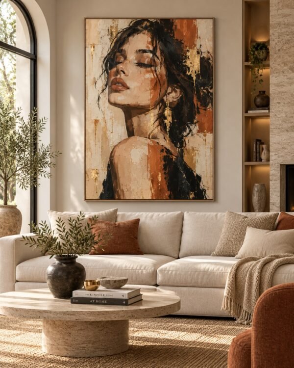 Portrait Abstrait Terracotta & Or – Salon Moderne – Tableau décoratif Maroc