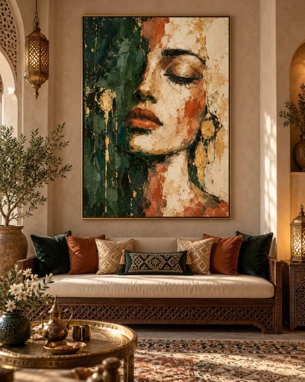 Portrait Abstrait Vert Émeraude – Salon Marocain – Tableau décoratif Maroc