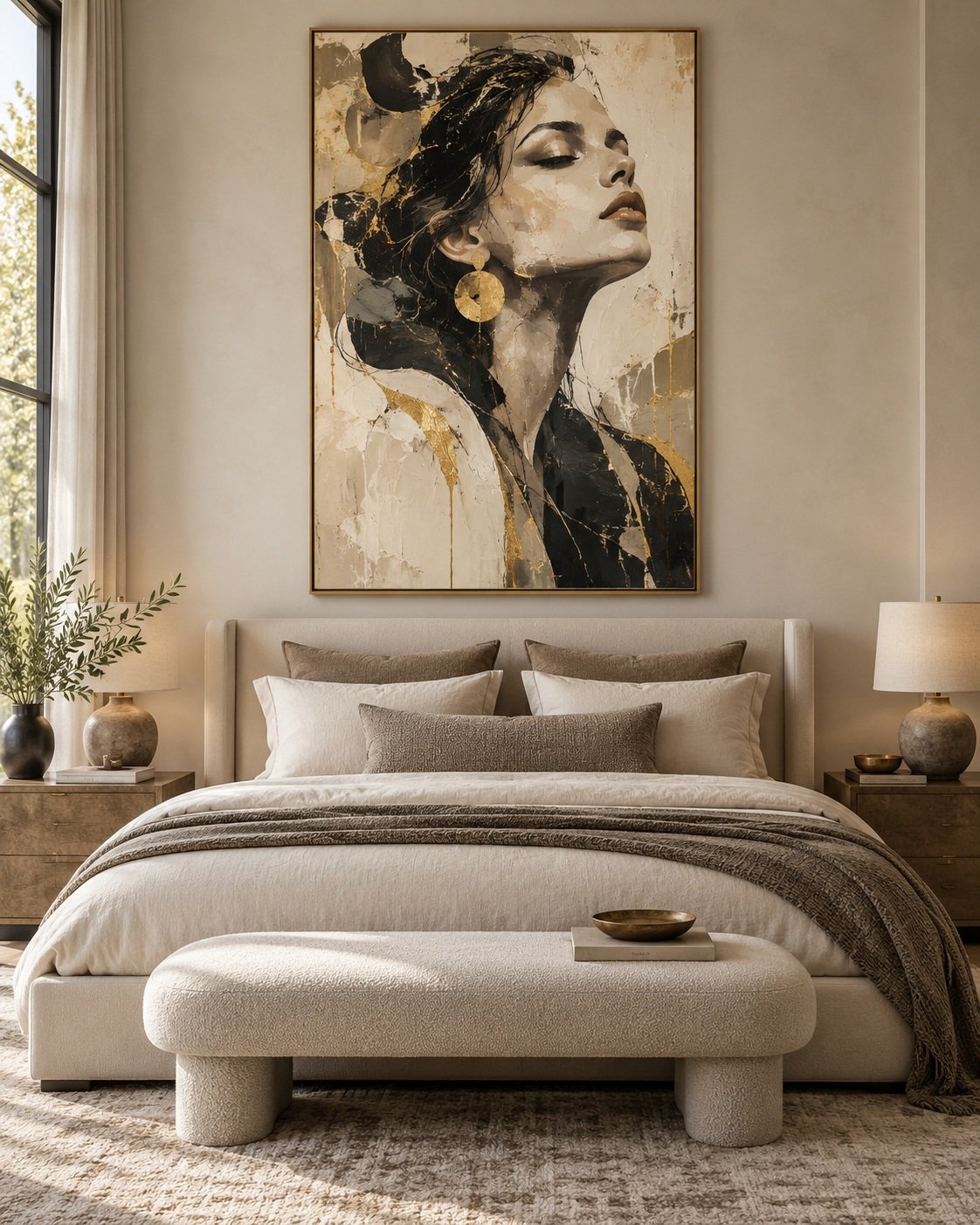 Portrait Abstrait Beige & Or – Chambre Élégante – Tableau décoratif Maroc