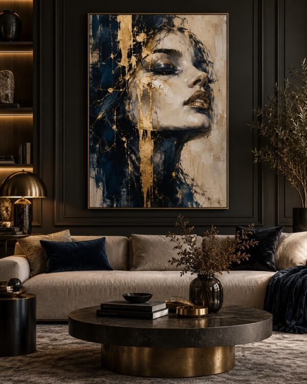 Portrait Abstrait Bleu Nuit & Or – Salon Luxe – Tableau décoratif Maroc