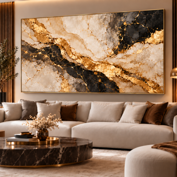 Tableau Paysage Abstrait Gris & Or – Mockup 3D