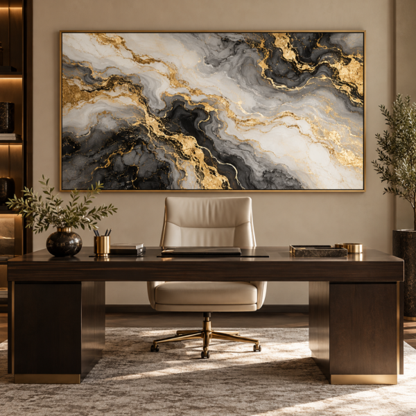 Tableau Bureau – Marbre Noir Blanc & Or