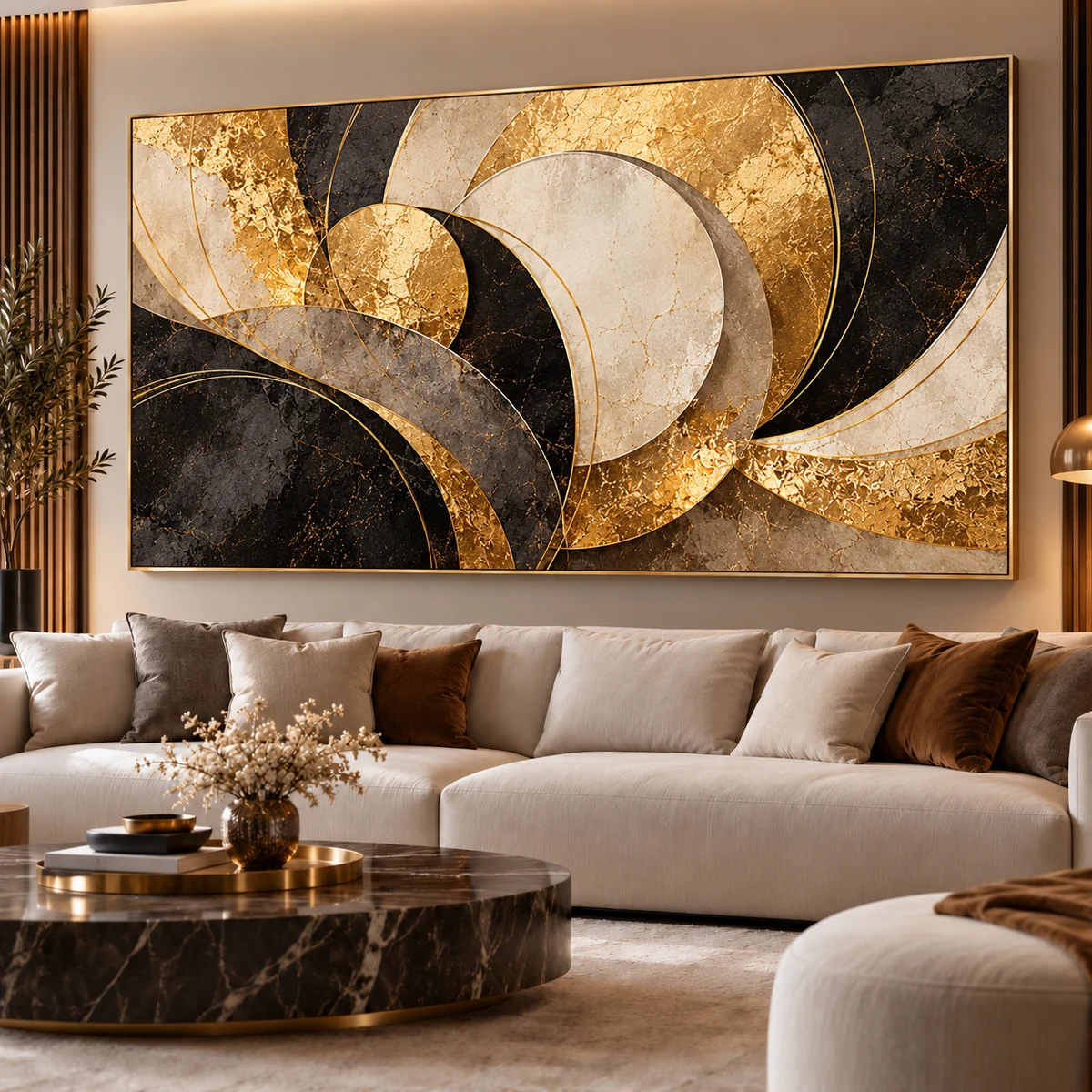 Tableau Doré – Cercles Abstraits Noir & Or – DECO HOUSE