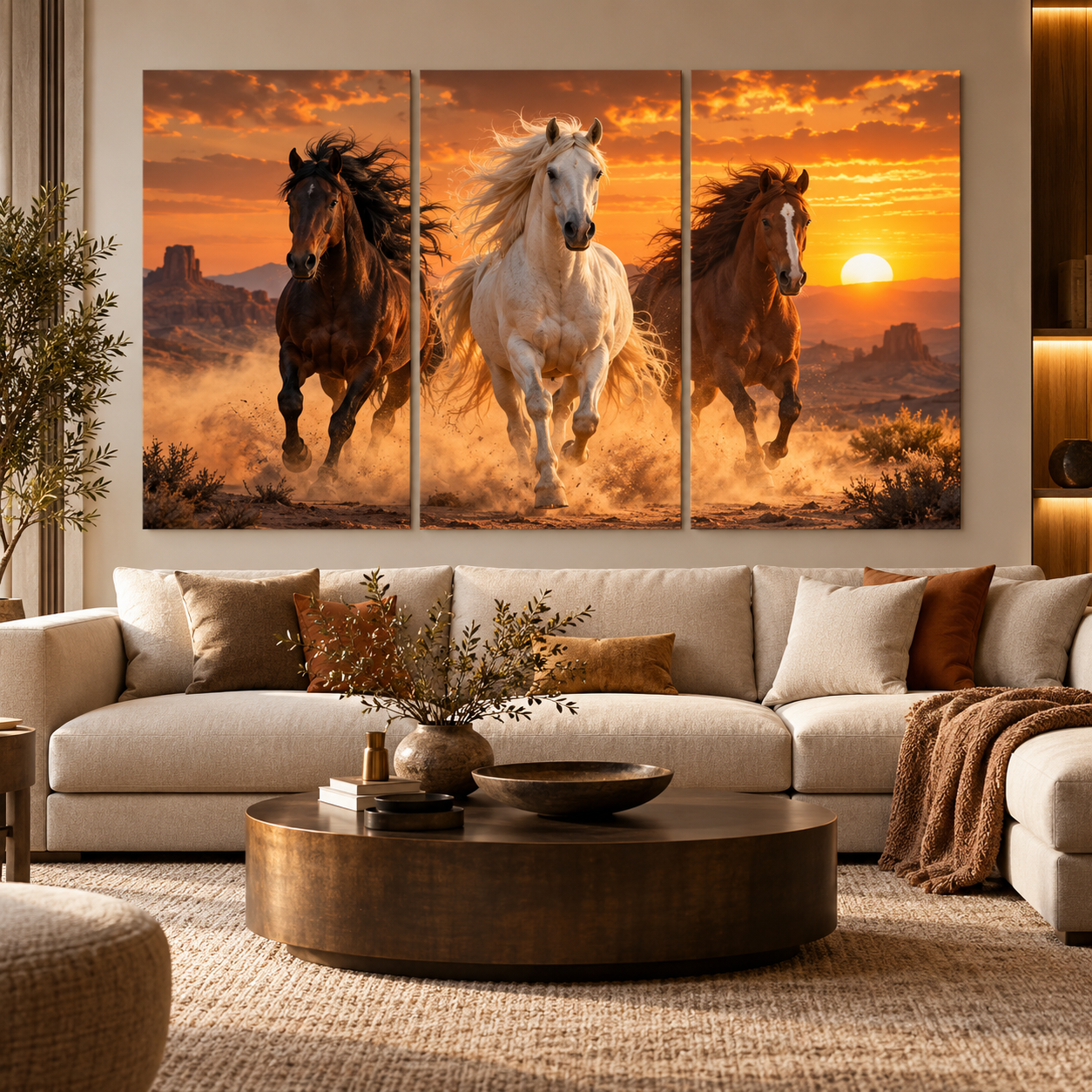 Triptyque Chevaux – Chevaux Sauvages du Désert Doré – DECO HOUSE