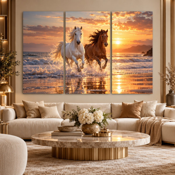 Triptyque Chevaux – Duo sur la Plage au Lever du Soleil