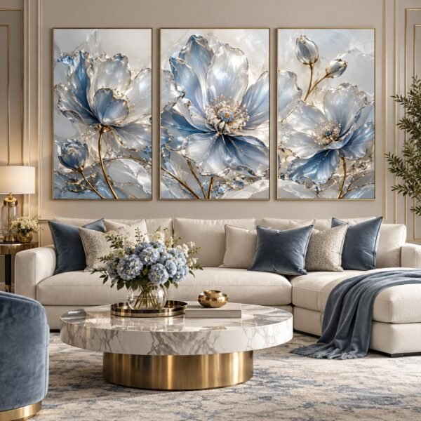 Triptyque Fleurs de Cristal Bleu & Or – Tableau décoratif salon Maroc
