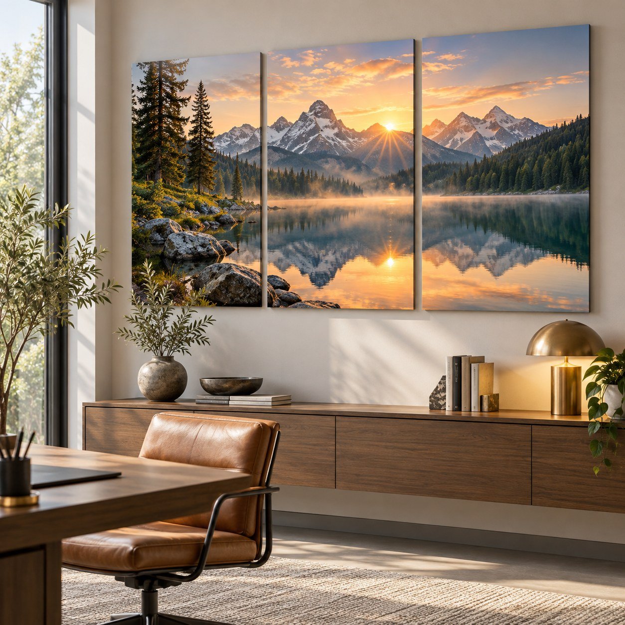 Triptyque Lac de Montagne au Lever du Soleil – Tableau décoratif salon Maroc