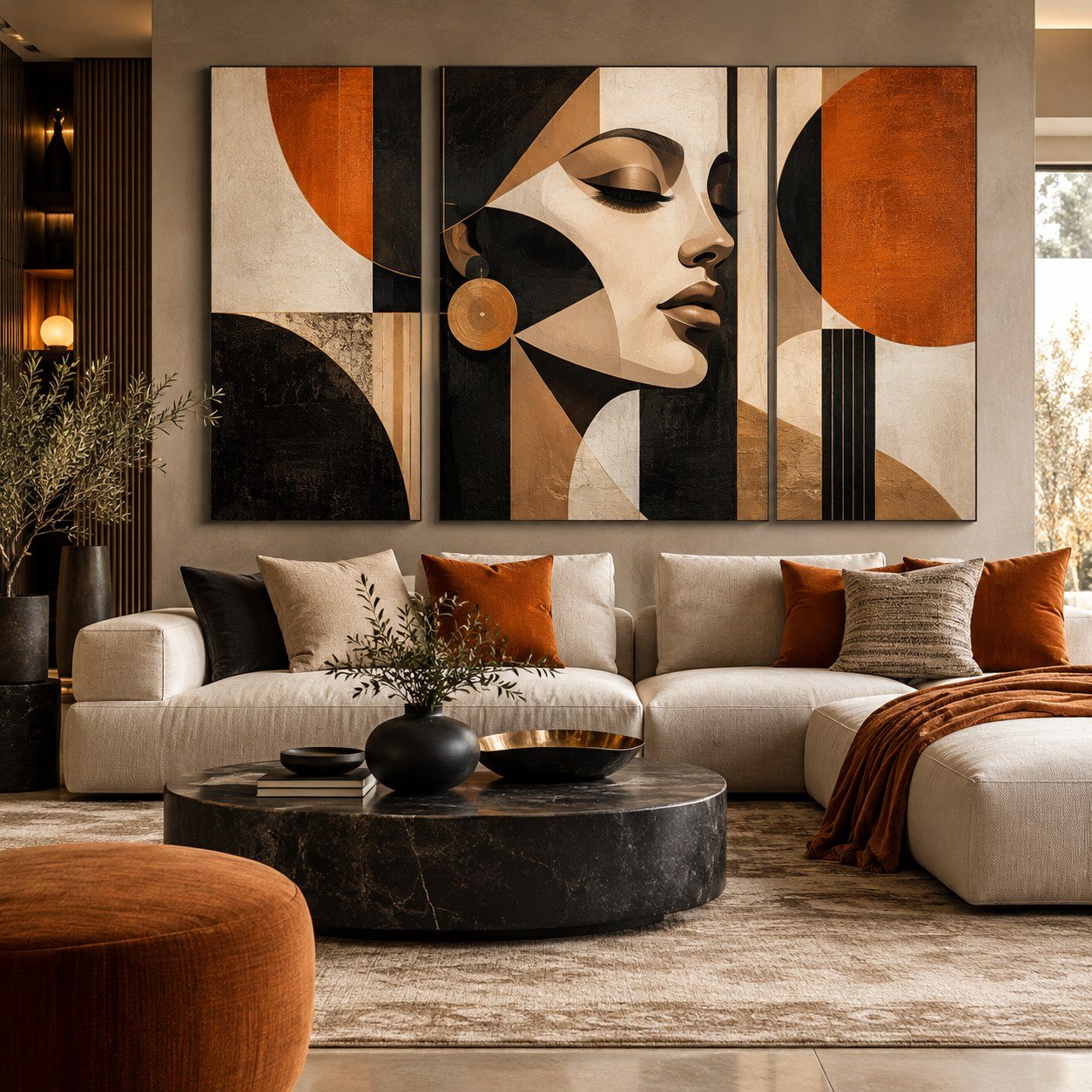 Triptyque Visage Abstrait Terracotta & Noir – Tableau décoratif salon Maroc